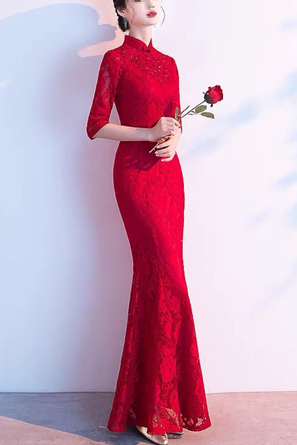 Anneprom High Neck Sweep Train Chiffon Red Prom Dress Evening Gowns With Beading APP0372