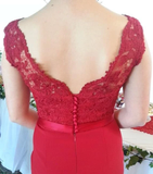 Anneprom Red Button Backless Plus Size Mermaid Cap Sleeves V-neck Long Lace Bridesmaid Dresses APP0384