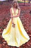 Anneprom Simple V Neck Straps Long Unique Yellow Satin Prom Dresses APP0422