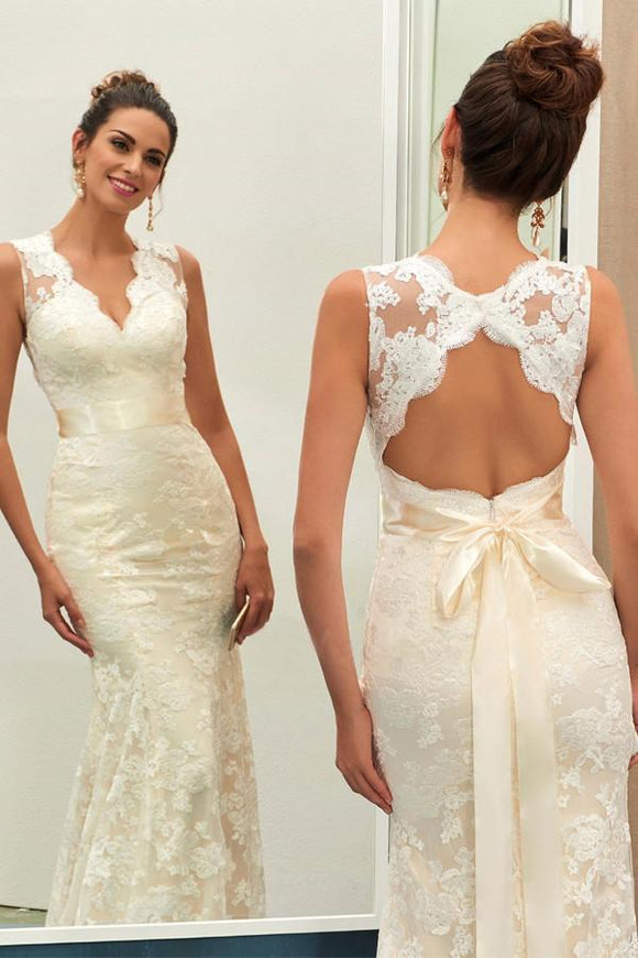 Anneprom Charming V Neck Lace Sheath Wedding Dress With Sashes APW0046
