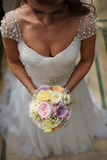 Anneprom Scoop Cap Sleeves Sweep Train Beading Pleated Wedding Dress With Beading APW0105