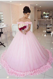 Anneprom Ball Gown Off shoulder Pink Tulle Flowers Wedding Dresses,Pink Quinceanera Dresses APW0150