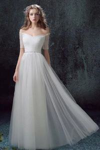 Anneprom Simple Tulle Off Shoulder Floor-Length Short Sleeves A-line Lace Up Back Wedding Dress APW0152