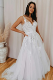 Anneprom A-Line V Neck Tulle Lace Appliques Romantic Wedding Dress Bridal Gown APW0155
