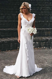 Anneprom Elegant V-Neck Chiffon Ruffles Sleeveless Wedding Dress Bridal Gowns APW0163