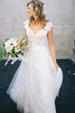 Anneprom V-Neck Lace Tulle Cap Sleeve A-Line Wedding Dress APW0166