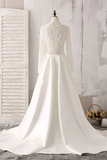 Anneprom Ivory Lace And Satin V-Neck Long Sleeve Beaded Wedding Dress APW0167