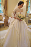 Anneprom Long Sleeves High Neck Lace Court Train Satin Wedding Dress APW0170