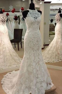 Anneprom Jewel Neck Mermaid Lace Applique Sleeveless Wedding Dresses APW0184