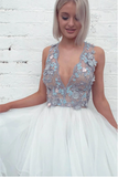 Anneprom Layered Plunging Neck V-Back Long Wedding Dress With Colored Appliques APW0189