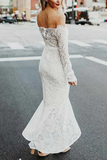 Anneprom Mermaid Off-The-Shoulder High Low Lace Wedding Dress With Long Sleeves APW0207