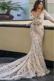 Anneprom Mermaid Deep V-Neck Long Sleeves White Wedding Dress With Pockets APW0212