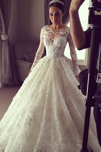 Anneprom Elegant Ball Gown Lace Long Wedding Dress With Long Illusion Sleeves APW0213