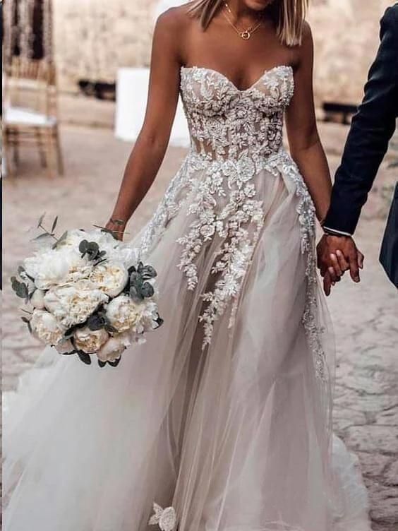 Anneprom Sweetheart Strapless Lace Rustic Wedding Dresses Long Tulle Beach Wedding Dress APW0220