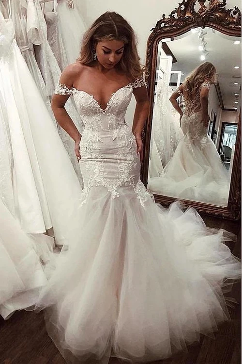 Anneprom Off the Shoulder Mermaid Tulle Wedding Dresses Lace Appliques Bridal Gown  APW0281