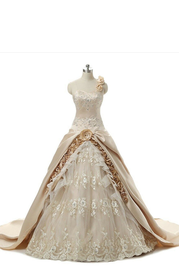 Anneprom Champagne Wedding Dress,One Shoulder Wedding Dress, Cheap Wedding Dress,Plus Size Wedding Dress, Lace Wedding Dress, Gorgeous Wedding Dress APW0246
